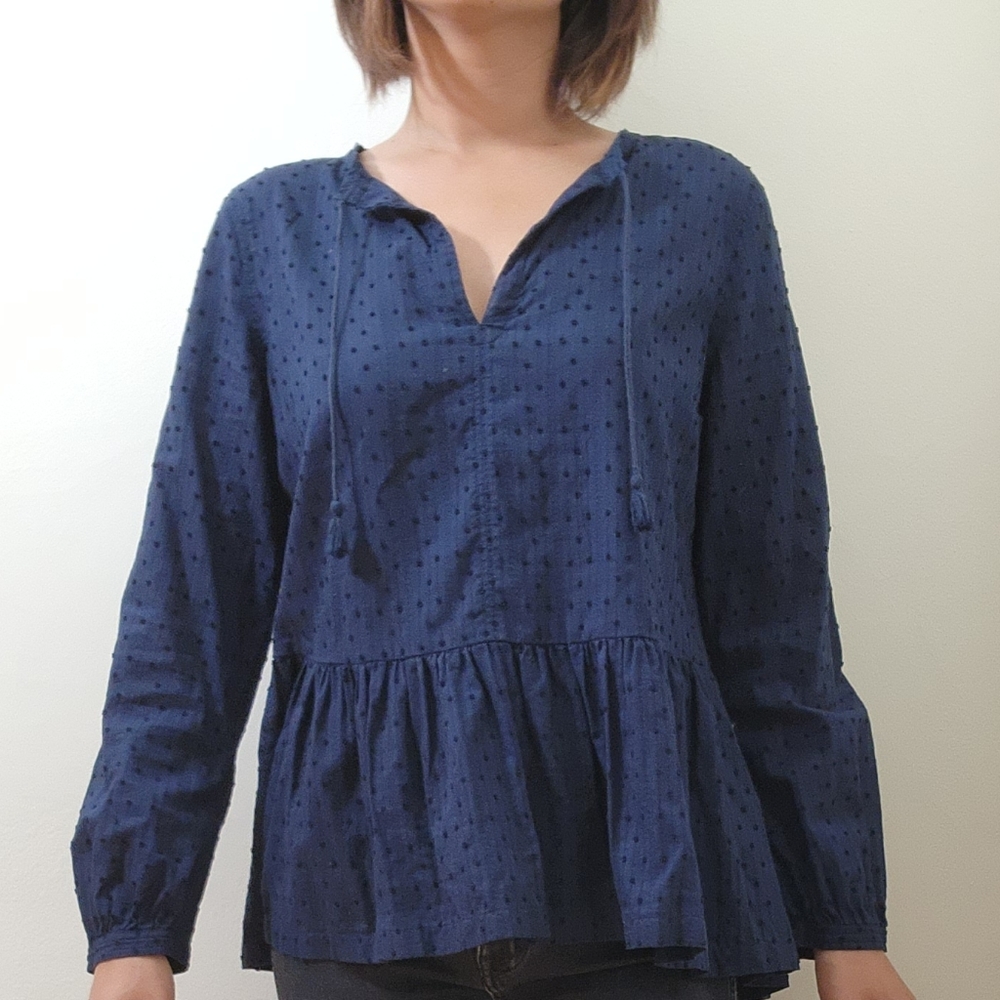 J Crew Navy Peplum Top Swiss Dot Size 4 F4276 100% Cotton